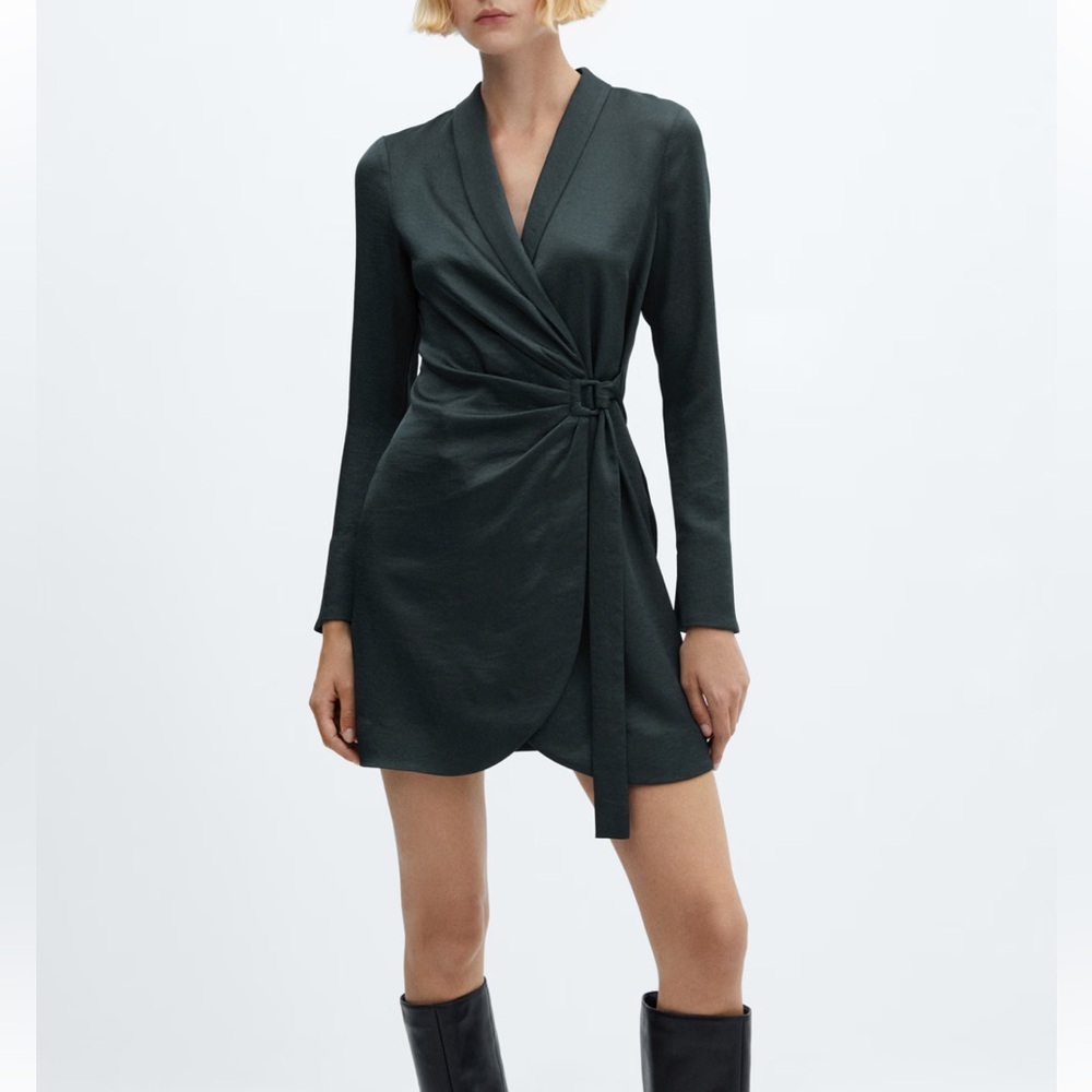Mango MNG Wrap Mini Dress Tie Waist Long Sleeve Charcoal